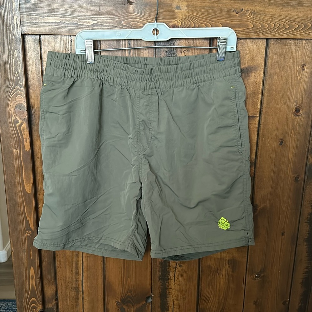 Stio Men's Olive Green Athletic Shorts with Neon Green Logo